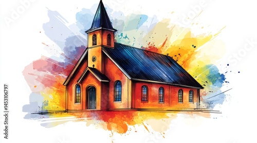 A colorful and whimsical illustration of an old church features soft pastel elements