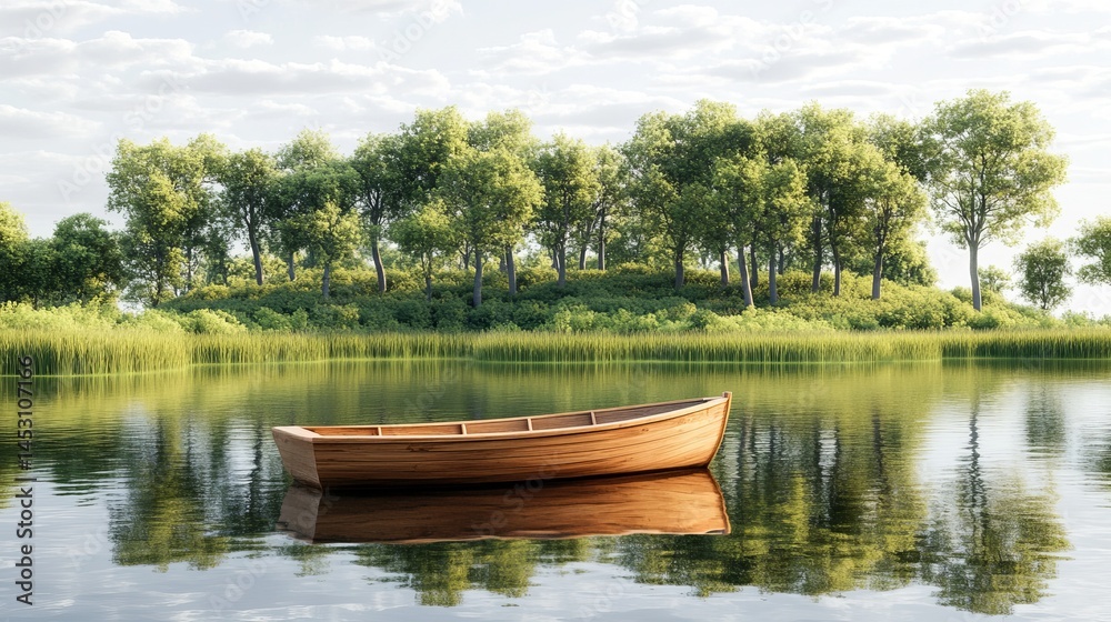 Obraz premium The boat rests calmly in serene water, reflecting the surrounding trees
