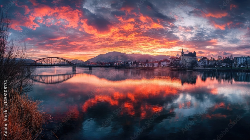 Naklejka premium Dramatic sunset reflection over a tranquil river town.