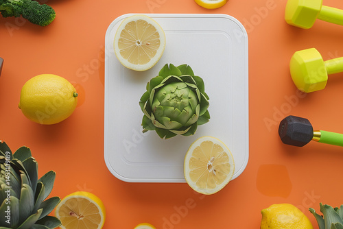 Bathroom scale with an artichoke and lemon on an orange background
