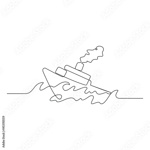 One continuous line vector drawing of business analogy for Ship Sailing Through the Storm as Depicts the resilience of a business in the face of challenges and difficulties before reaching its goals.