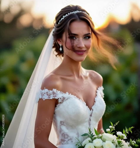 Smiling girl in flowing white dress with naturally swaying hair in light breeze
