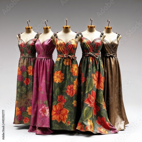 Collection of elegant floral dresses displayed on mannequins in a studio setting