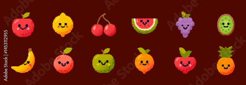 Cute pixel fruit set apple lemon cherry. Pixel character fruit watermelon kiwi and orange.
