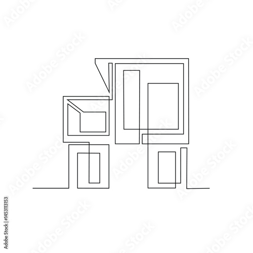 One continuous line drawing of Modern House vector design illustration. Modern house in simple linear style design concept. Modern house architecture is characterized by clean lines and open floor.