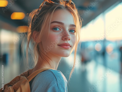 Obraz na płótnie A woman with blonde hair and blue eyes is smiling and wearing a yellow backpack. She is standing in a hallway with a window behind her w salonie