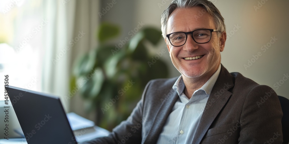 Man in business attire smiling at the camera, sitting at a desk with a computer.