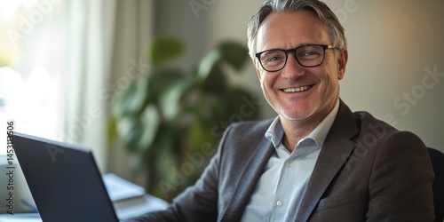 Obraz na płótnie Man in business attire smiling at the camera, sitting at a desk with a computer. w salonie