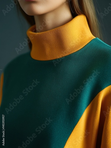 A woman is captured in a modern portrait. She wears a striking green and yellow textured knit sweater with a high neckline, which adds a chic touch to her outfit.