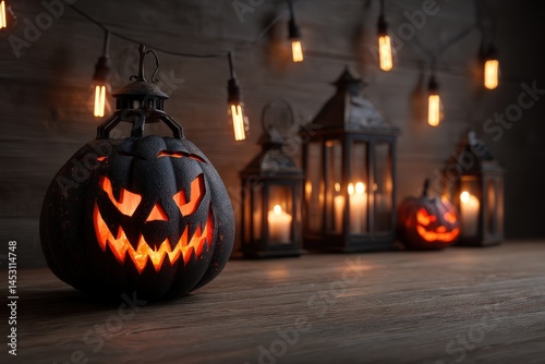 Eerie Halloween lanterns glow warmly on a wooden shelf.