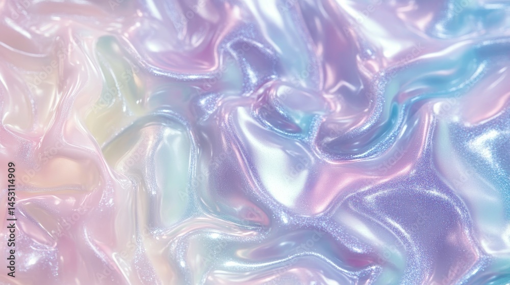 A colorful, flowing fabric with a shiny, glittery texture. The colors are bright and vibrant, creating a sense of energy and excitement. The fabric appears to be made of a synthetic material