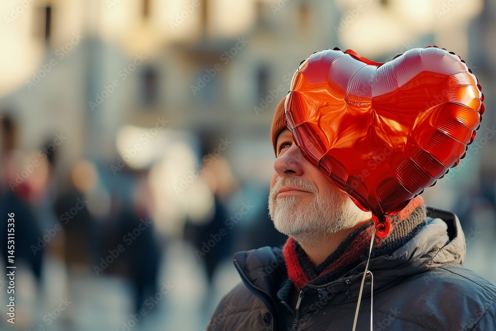 A man wearing a heart shaped balloon on his head, possibly for fun or as part of a festive celebration.