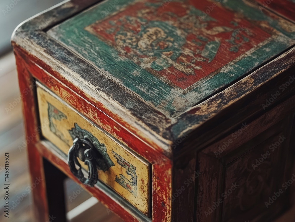 A wooden table with a drawer and a knob. The drawer is yellow and the table is red and green