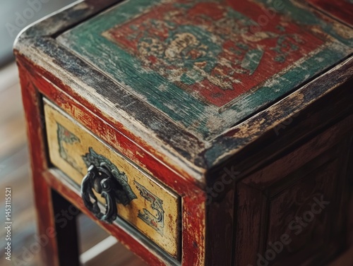 Obraz na płótnie A wooden table with a drawer and a knob. The drawer is yellow and the table is red and green w salonie