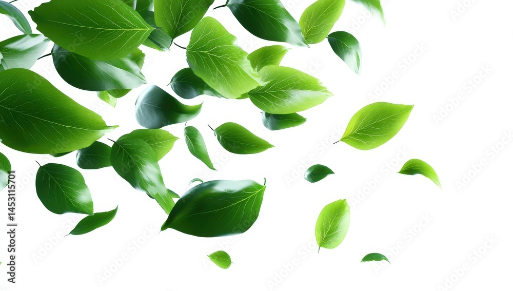 Naklejka premium Green leaves floating on white background.