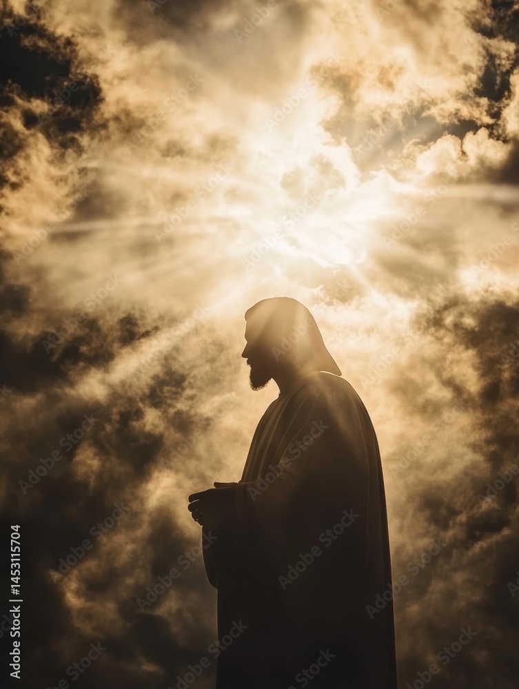 A man in a white robe stands in front of a cloudy sky with the sun shining on him