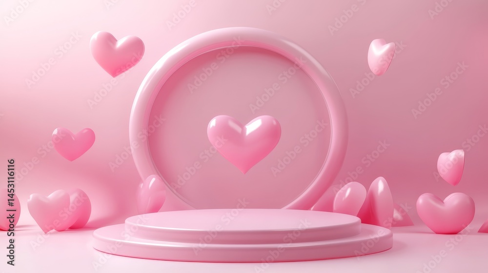 Colorful 3D pink hearts forming an illusion of a circle with a hole in the center.