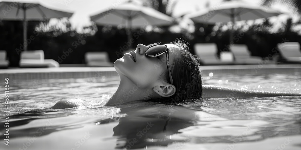 A woman enjoying a poolside swim in luxurious surroundings, with sunny weather and white umbrellas providing shade.