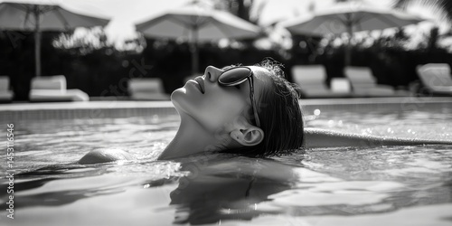 Obraz na płótnie A woman enjoying a poolside swim in luxurious surroundings, with sunny weather and white umbrellas providing shade. w salonie