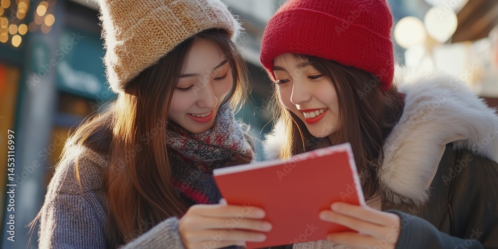 Two women smiling and looking at a smartphone, sharing a special message with each other.