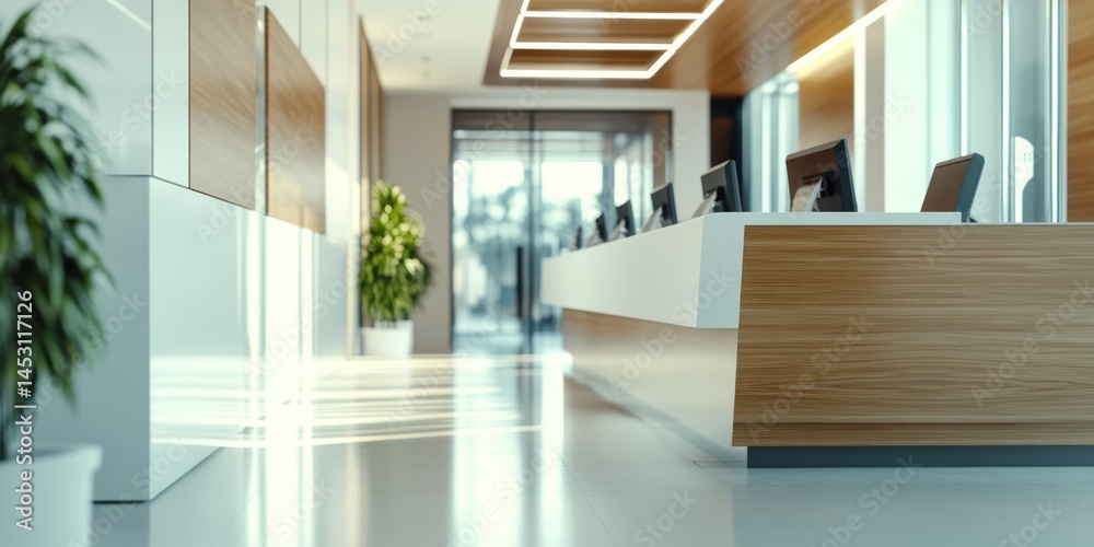 Modern office interior with contemporary design elements and furniture. Includes open workspace, cubicle, meeting space, desks and chairs.