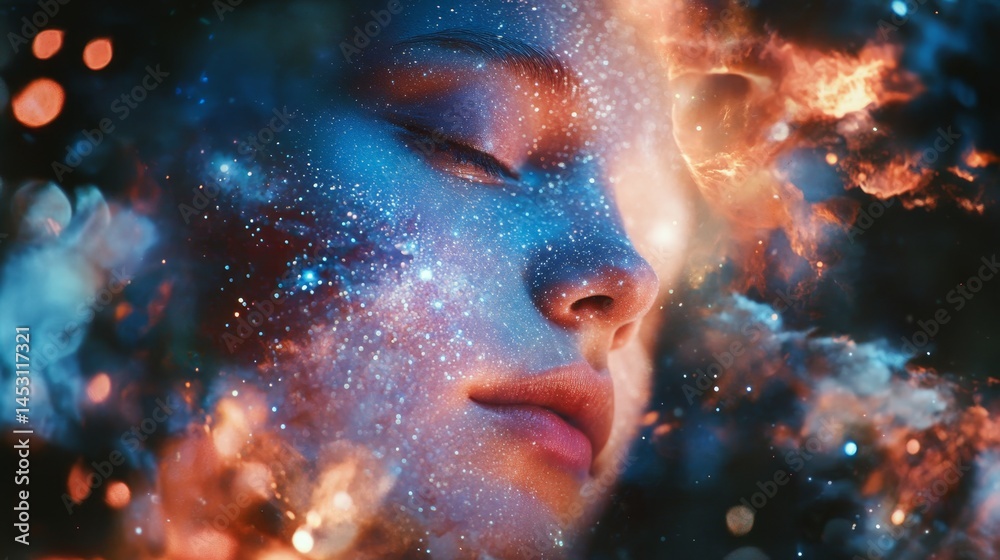 Starry night sky illuminating a woman's face, symbolizing dreaminess and the universe.