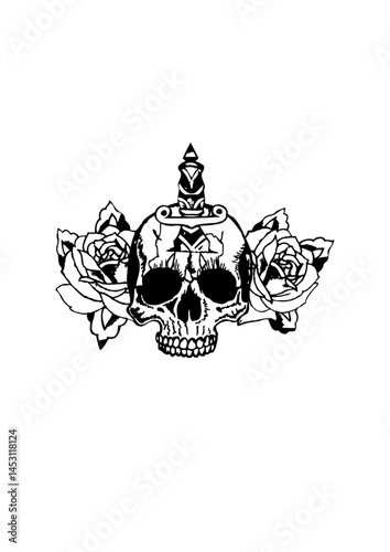 tete de mort dague rose fleur tattoo crane old school tatouage