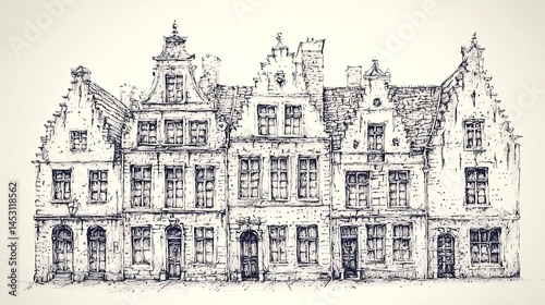 Architectural sketch displays row of historic townhouses with detailed gabled roofs and window details.