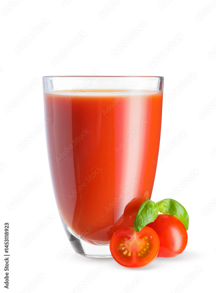 Glass of fresh tomato juice with basil on white background Glass of fresh tomato juice with basil on white background