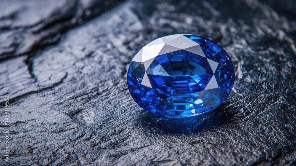 Oval-shaped sapphire resting on dark stone surface. Oval-shaped sapphire resting on dark stone surface.