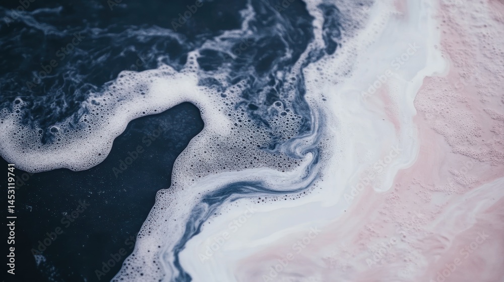 Fototapeta premium Abstract Ocean Foam: A Serene Coastal Tapestry of Blue and Pink Hues