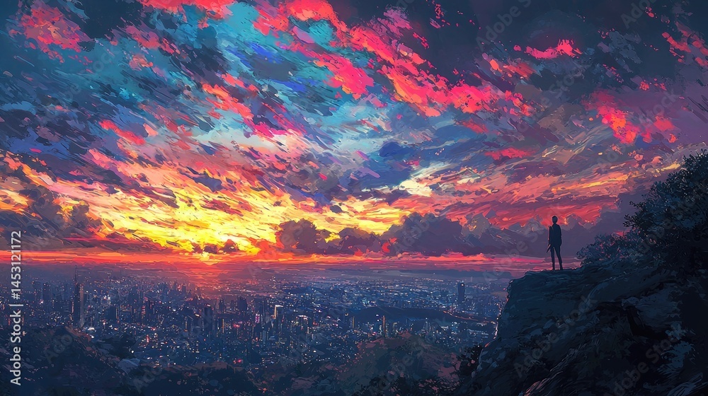 Fototapeta premium A solitary figure gazes at a vibrant sunset over a city.