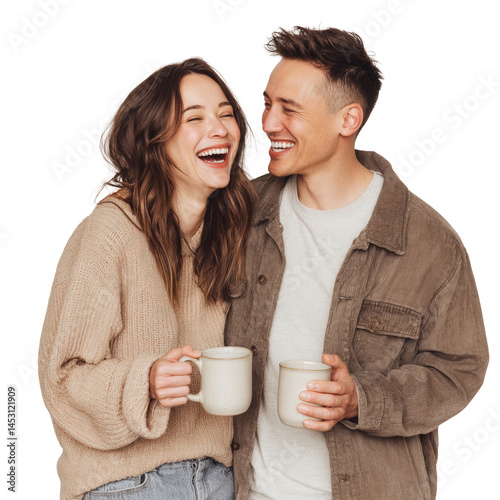 Front laughing couple clinking mugs lively moment