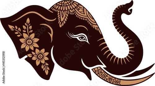 Thai and Indian Elephant Head Vector with Ornamental Floral Design – Sacred Symbol of Wisdom and Strength in Asian Culture – Ganesha Inspired Spiritual Art for Ethnic, Cultural or Vintage Themes