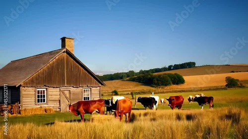 Rooster with glossy red and green feathers stands on wooden fence in warm morning sun near rustic farmhouse, head raised in mid-crow. Concept of rural life and natural farm awakening