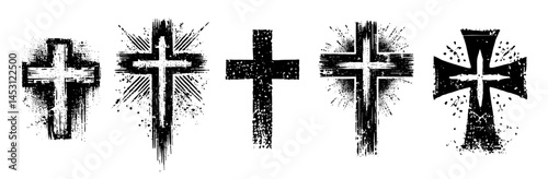 Grunge Christian Cross Set with Distressed Texture and Ink Splash Effects for Religious and Gothic Design Projects