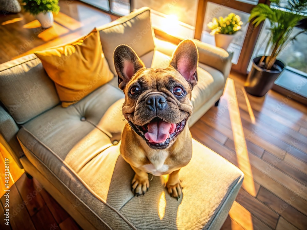 Adorable Brown French Bulldog Relaxing on Couch, Family Dog Life