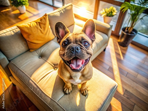 Obraz na płótnie Adorable Brown French Bulldog Relaxing on Couch, Family Dog Life w salonie
