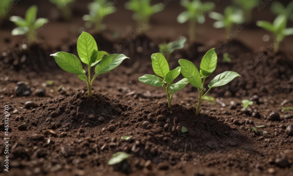 Fototapeta premium Tiny coffee seedlings emerge, vibrant green leaves unfurl in rich soil , tropical, coffee cultivation