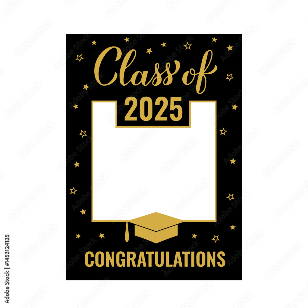 Class of 2025 photo booth frame isolated on white. Grad celebration selfie frame. Graduation party photobooth props. Black and gold rom decorations. Vector template.