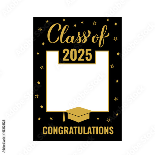 Class of 2025 photo booth frame isolated on white. Grad celebration selfie frame.  Graduation party photobooth props. Black and gold rom decorations. Vector template.