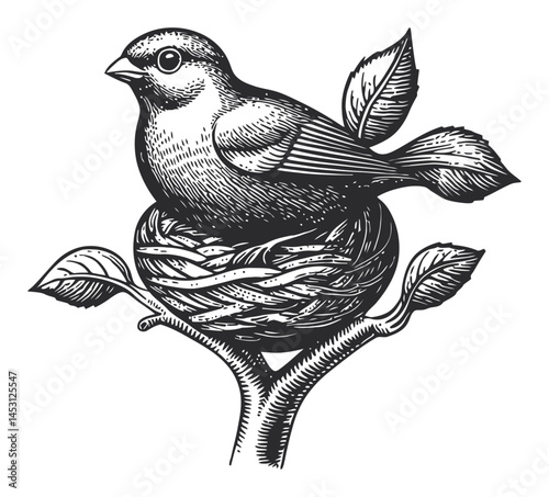 Wallpaper Mural Detailed Vintage Bird Nest Illustration in Black and White Design Torontodigital.ca