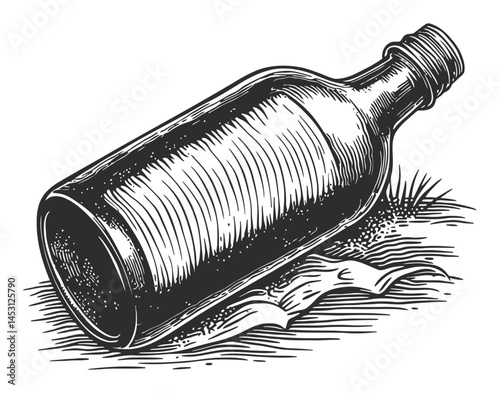 Hand-Drawn Vintage Bottle on Paper Background in Black and White