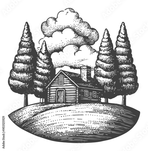 Black and White Vector Illustration of a Cozy Cabin Surrounded by Trees