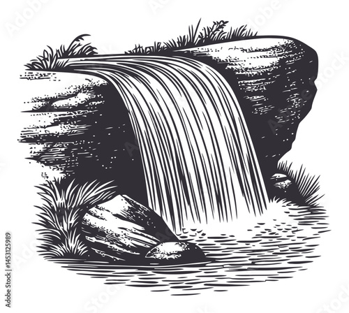 Vintage Black and White Vector Illustration of a Waterfall Scene