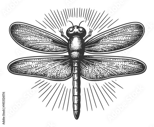 Vintage Dragonfly Illustration with Detailed Line Art and Rays