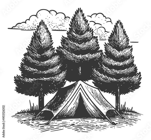 Vintage Camping Scene with Tent and Trees in Black and White