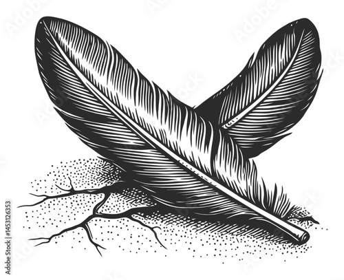 Detailed Black and White Illustration of Two Feathers on a Surface