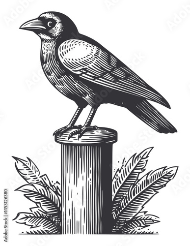 Vintage Style Vector Illustration of a Raven on a Tree Stump
