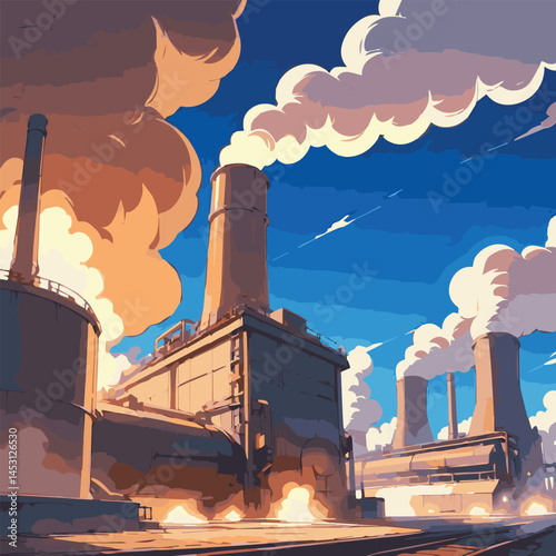 Industrial Cityscape Vector Illustration – Factory Buildings with Chimneys Emitting Smoke, Urban Skyline Featuring Manufacturing Plants, Power Stations, Infrastructure, Pollution, and Industrial  